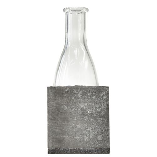 Produkt Szklany wazon w szarym drewnianym stojaku, 9,5x8x20cm - Rustykalna dekoracja z 4 butelkami