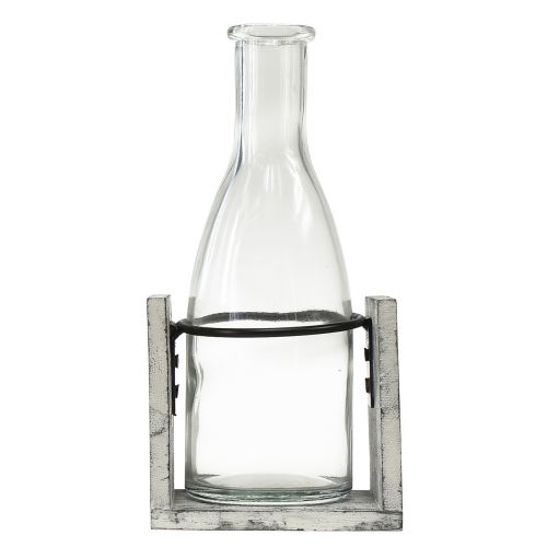 Produkt Szklany wazon w szarym drewnianym stojaku, 9,5x8x20cm - Rustykalna dekoracja z 4 butelkami