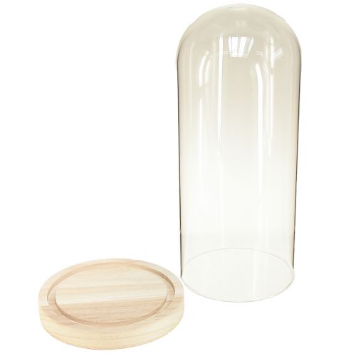 Produkt Szklany dzwonek szklany z nadprożem i podstawą z przezroczystego drewna Ø14cm W28,5cm