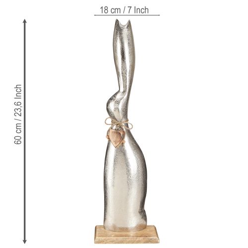 Produkt Dekoracyjny króliczek srebrny na drewnianej podstawie – Elegancka figurka wielkanocna z zawieszką w kształcie serca wys. 60 cm