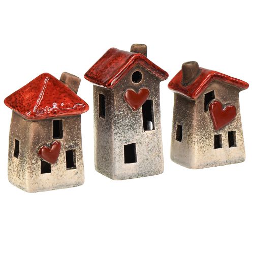 Floristik24 Romantyczne domy ceramiczne z motywem serca – czerwień i naturalne odcienie, 11cm – pięknie zaprojektowana dekoracja zimowa – 3 szt.