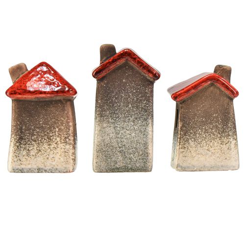Produkt Romantyczne domy ceramiczne z motywem serca – czerwień i naturalne odcienie, 11cm – pięknie zaprojektowana dekoracja zimowa – 3 szt.