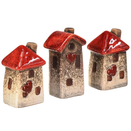 Floristik24 Domek ceramiczny z czerwonym oknem dachowym i sercem - 6 cm - Idylliczna dekoracja do domu i ogrodu - 6 szt