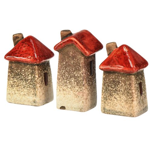 Produkt Domek ceramiczny z czerwonym oknem dachowym i sercem - 6 cm - Idylliczna dekoracja do domu i ogrodu - 6 szt