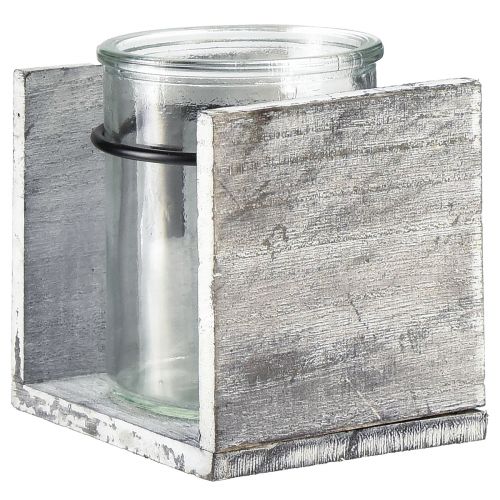 Produkt Świecznik na podgrzewacze ze szkła w rustykalnej drewnianej ramie - szaro-biały, 10x9x10cm - urocza dekoracja stołu 3 sztuki