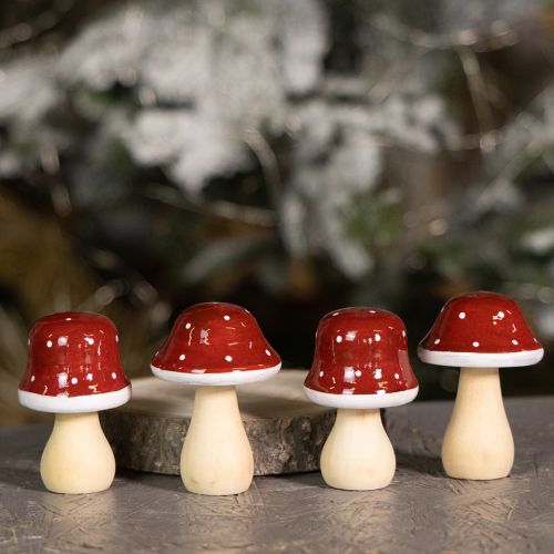 Produkt Drewniane grzyby, muchomory, dekoracja, drewno, FSC, czerwono-brązowe, wys. 6,5/7 cm, 4 sztuki