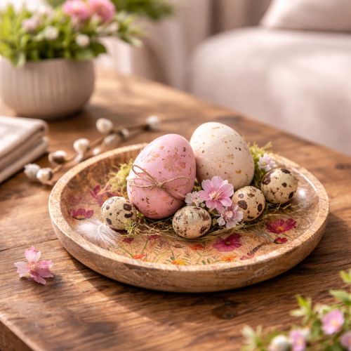 Produkt Talerze drewniane z kwiatami i motylami, kolor naturalny różowy, Ø15cm, 3 sztuki