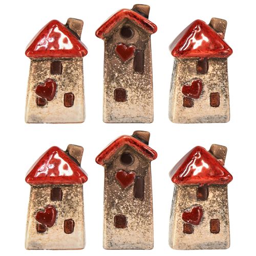 Produkt Domek ceramiczny z czerwonym oknem dachowym i sercem - 6 cm - Idylliczna dekoracja do domu i ogrodu - 6 szt