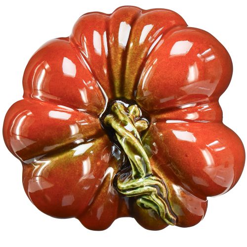 Produkt Błyszcząca ceramiczna dynia w kolorze jaskrawo czerwono-pomarańczowym z zieloną łodygą - 21,5 cm - idealna jesienna dekoracja
