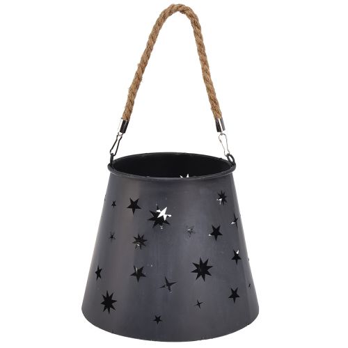 Produkt Latarnia metalowa antracytowa z gwiazdkami – Ø16,5 cm, wysokość 24 cm – stylowa dekoracja z uchwytem do przenoszenia