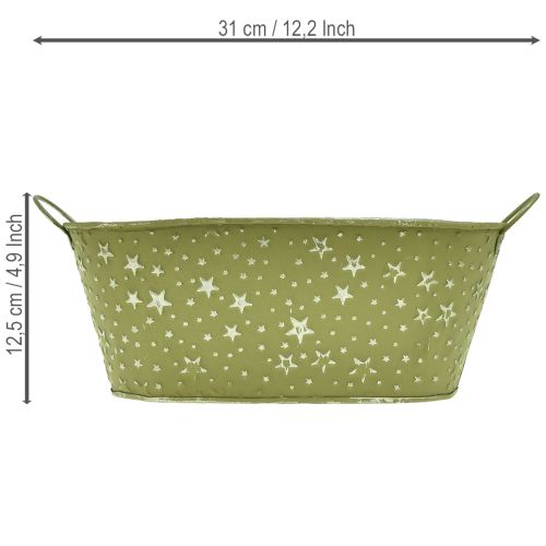Miska metalowa owalna z gwiazdkami i uchwytami, zielona, 31×16 cm, wys. 12,5 cm | Floristik24.pl