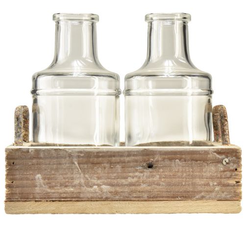 Produkt Zestaw mini wazonów szklanych, dekoracyjnych, drewnianych, vintage, 16x10x14cm