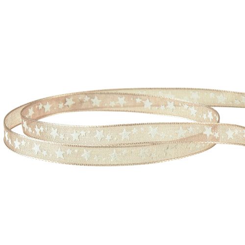 Produkt Wstążka organza beżowa z białymi gwiazdkami Wstążka świąteczna 6mm 20m