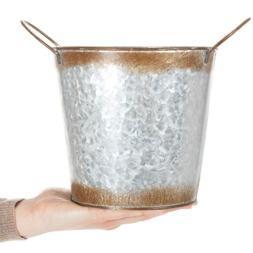 Produkt Metalowa doniczka, misa na kwiaty, doniczka ze srebrnymi uchwytami, wykończenie ze stali patynowanej, Ø18 cm, wys. 20 cm