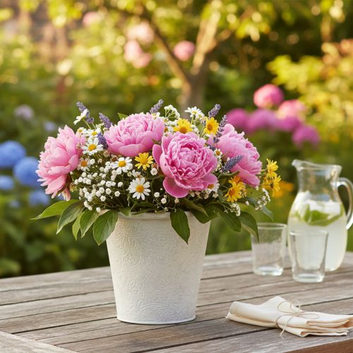 Produkt Doniczka z ozdobami, pojemnik metalowy, biały, Ø15,5 cm, wys.14,5 cm