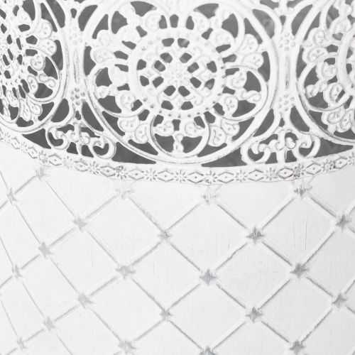 Produkt Doniczka z koronkowym wzorem, metalowy pojemnik, ozdobne wiaderko, biały, srebrny, shabby chic, wys. 28/25,5/23,5 cm, Ø 29,5/25,5/20 cm, zestaw 3 szt.