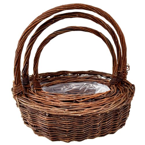 Produkt Zestaw rustykalnych koszy wiklinowych z uchwytami – 3 rozmiary (36 cm, 31 cm, 26 cm) – Wszechstronne przechowywanie i dekoracja – Zestaw 3 szt.
