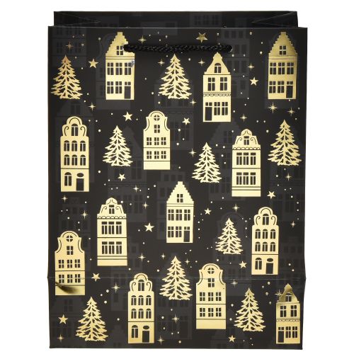 Floristik24 Worek świąteczny czarno-złoty domki jodłowe 18x10x23cm 2szt