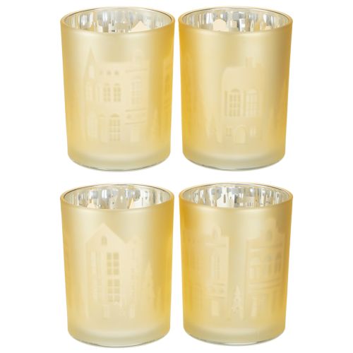 Floristik24 Latarnia szklana srebrno-złota sylwetka miasta wys. 12,5 cm 4 szt.