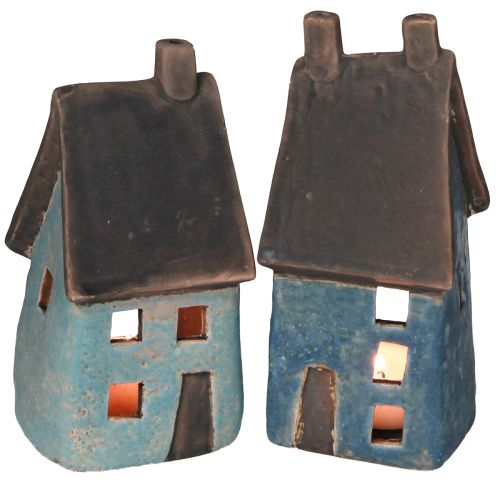 Floristik24 Domek z latarnią Domek ceramiczny niebiesko-brązowy W15,5/17,5cm 2 szt