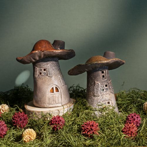 Floristik24 Latarnie Magical Mushroom House – rustykalna ceramika, brązowa, 14,5 cm – zestaw 2 unikalnych dekoracji świetlnych