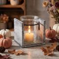 Szklany świecznik typu tealight w rustykalnej drewnianej ramie – szaro-biały, 10x9x10cm – Urocza dekoracja stołu | Floristik24.pl