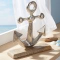 Dekoracja Kotwica Metalowa na Drewnianej Podstawie Srebrny Naturalny H21cm | Floristik24.pl