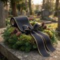 Elegancka wstążka do wieńców moiré, 175 mm, czarna z perłowym brzegiem i splotem taftowym, dekoracyjna wstążka do florystyki pogrzebowej, wstążka kokardka, 25 m | Floristik24.pl