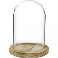 Dzwon dekoracyjny, kopuła szklana z płytą drewnianą, dekoracja stołu wys.16cm Ø12,5cm