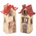 Floristik24 Ceramiczna dekoracja domku z czerwonym dachem, podświetlany domek, 15cm, 2 sztuki