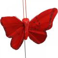 Floristik24 Wiosenne, piórkowe motyle z miką, deco motyl czerwony, pomarańczowy, różowy, fioletowy 4×6,5cm 24szt