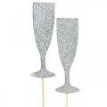Floristik24 Dekoracja sylwestrowa kieliszek do szampana srebrna zatyczka kwiatowa 9cm 18szt