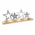 Floristik24 Świecznik Sylwetka gwiazdy na drewnianej podstawie Srebro, Metal Naturalny, Drewno Mango 35cm × 14cm