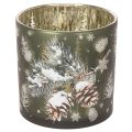 Floristik24 Szklany świecznik typu tealight z szyszkami i płatkami śniegu, 15 cm
