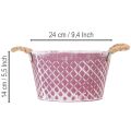 Miska cynkowa, w kształcie rombu z uchwytami z liny, fioletowo-biała, Ø24,5 cm, wys. 14 cm | Floristik24.pl