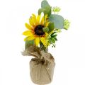 Floristik24 Sztuczny słonecznik, jedwabny kwiat, letnia dekoracja, słonecznik w jutowym worku